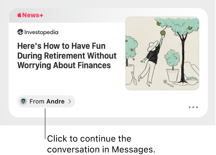 A news article shared in News. Click the From label to send a reply in Messages.