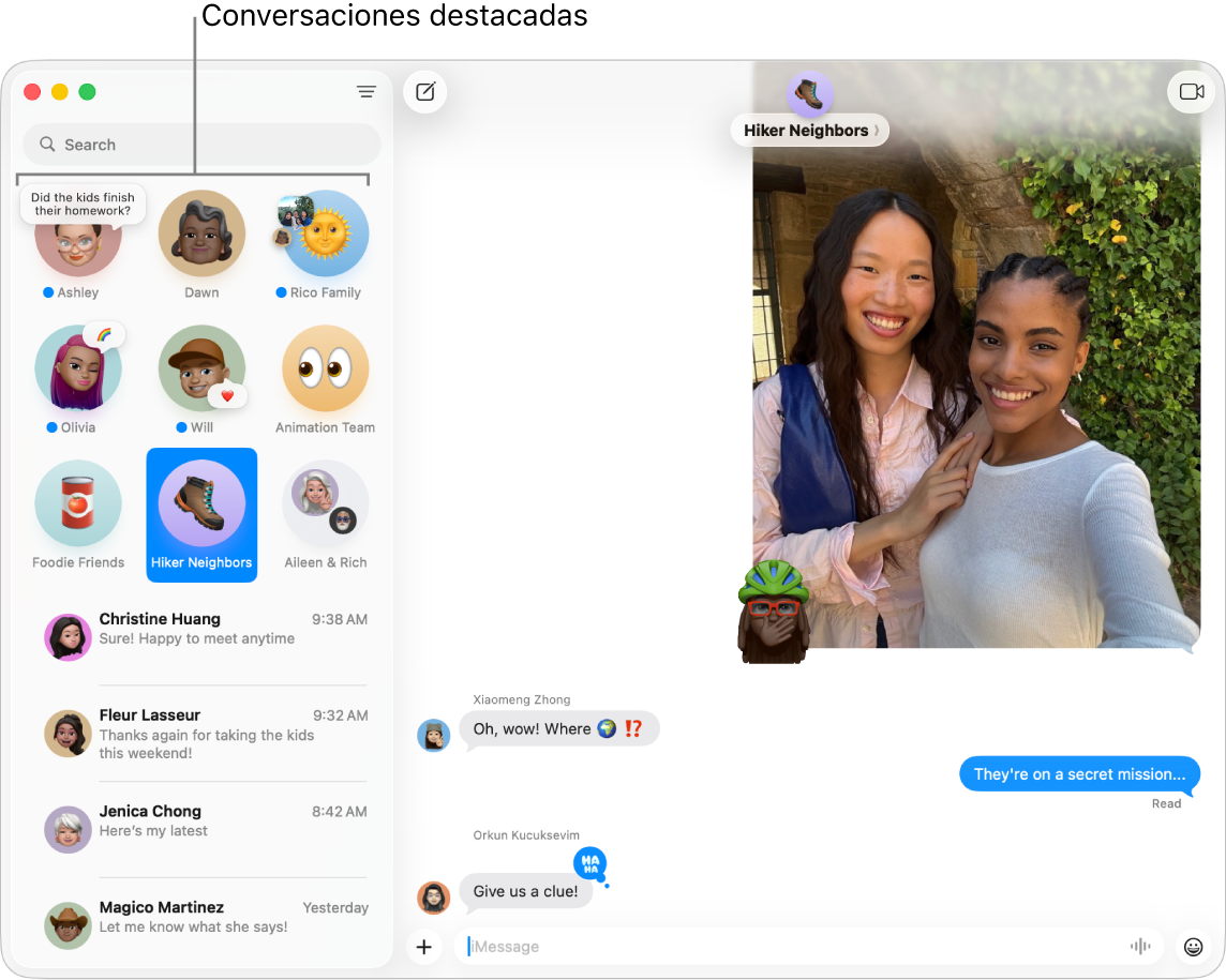 Mensajes con varias conversaciones destacadas en el lado izquierdo de la ventana.