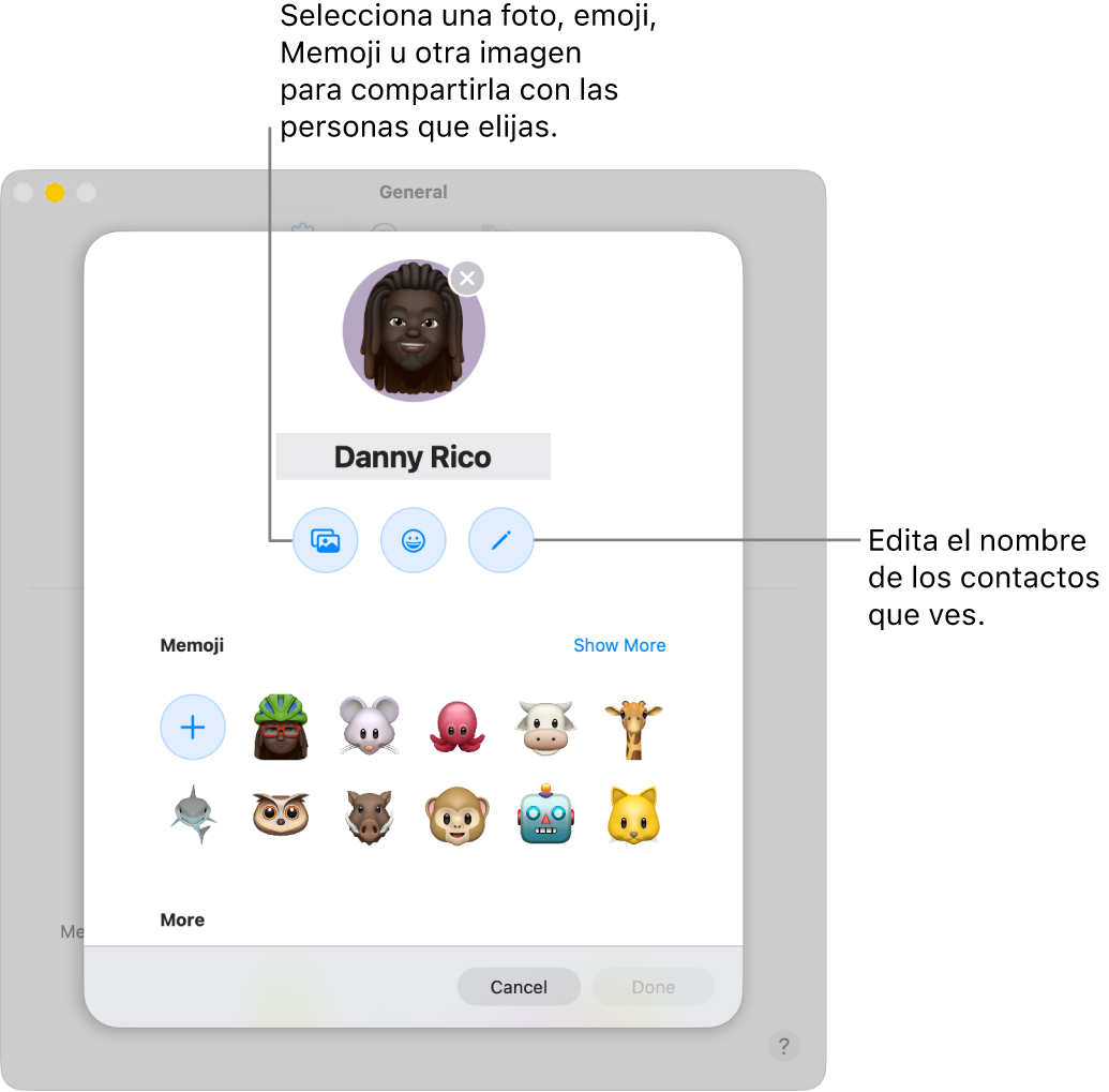 El cuadro de diálogo “Compartir nombre y foto”, con opciones para editar el nombre de tus contactos y para elegir una foto, un Memoji, un emoji u otra imagen.