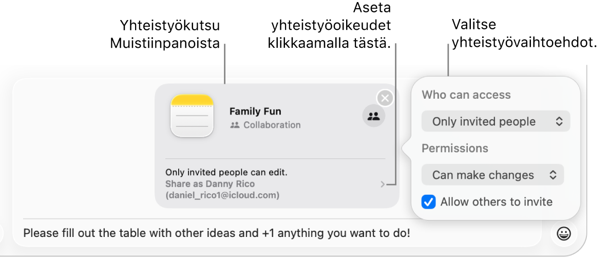 Lähikuva tekstiviestikentästä Viestit-keskustelun alareunassa. Siinä on kutsu tehdä yhteistyötä muistiinpanossa. Klikkaamalla kutsun oikeaa puolta voidaan asettaa oikeudet yhteistyötä varten.