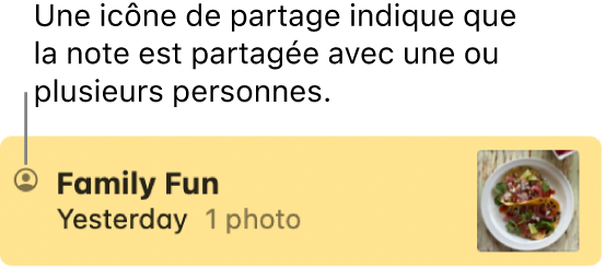 Une note partagée avec d’autres personnes dans une conversation Messages, avec l’icône de partage à gauche du nom de la note.