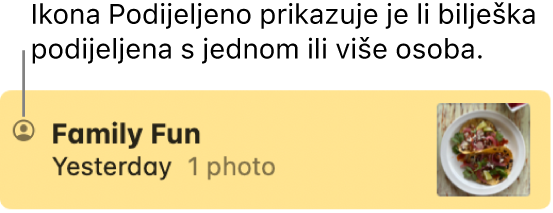 Bilješka koja se dijeli s drugima u razgovoru aplikacije Poruke, s ikonom Dijeljeno s lijeve strane naziva bilješke.