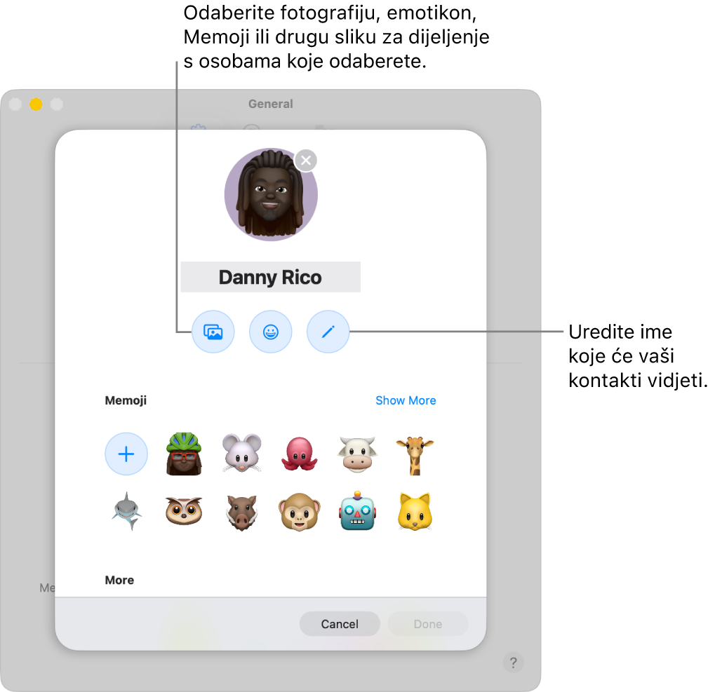 Dijaloški okvir Ime i Dijeljenje fotografija prikazuje opcije za uređivanje imena koje vaši kontakti vide i odabir fotografije, emojija, Memojija ili druge slike.
