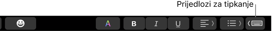 Touch Bar, s tipkom koja prikazuje prijedloge za tipkanje na desnom kraju.