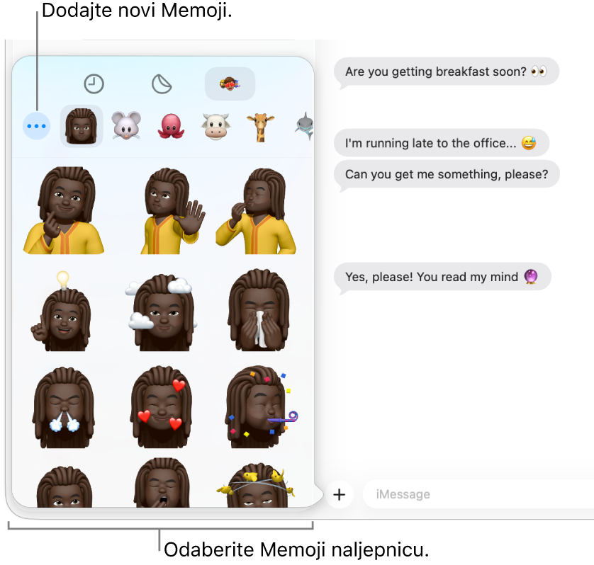 Prozor Poruke s popisom nekoliko razgovora u rubnom stupcu s lijeve strane i prikazom transkripta s desne. Prilikom odabira Memoji naljepnica putem tipke Aplikacije, možete odabrati Memoji naljepnicu za uporabu ili izradu novog Memojija.
