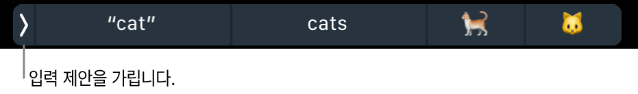 단어 및 이모지를 보여주는 입력 제안 및 왼쪽의 입력 제안 가리기 버튼.