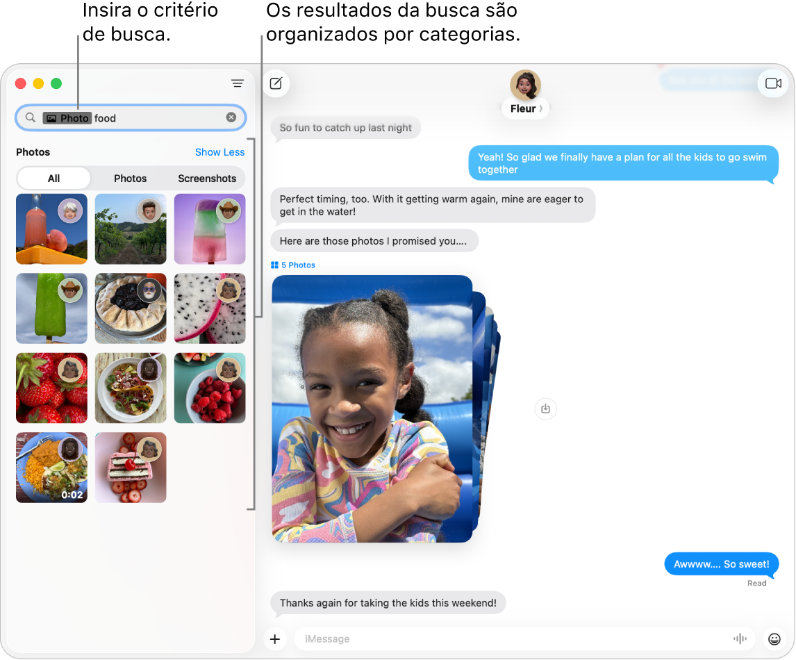 A janela do Mensagens com critérios de busca digitados no campo de busca, no canto superior esquerdo. Os resultados de busca estão organizados abaixo disso por categorias, como Conversas, Mensagens e Fotos.