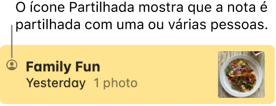 Uma nota que foi partilhada com outras pessoas na conversa da aplicação Mensagens, com o ícone de Partilha à esquerda do nome da nota.