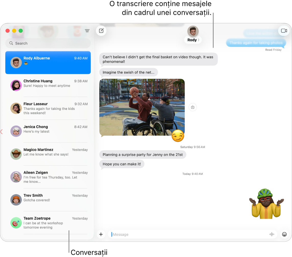 Fereastra Mesaje cu conversații în bara laterală și transcrierea care conține mesajele din cadrul conversației.