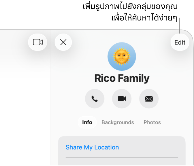 มุมมองข้อมูลในการสนทนาแบบกลุ่มที่แสดงขึ้นหลังจากที่คุณคลิกรายชื่อหรือไอคอนกลุ่มที่ด้านบนสุดของการสนทนา ซึ่งแสดงไอคอนของสมาชิกกลุ่มและชื่อกลุ่ม ด้านล่างชื่อกลุ่มคือปุ่มเพื่อโทรแบบเสียงหรือโทร FaceTime แบบวิดีโอ หรือส่งอีเมลถึงกลุ่ม ด้านล่างลงมาคือปุ่มเพื่อเปลี่ยนชื่อและรูปภาพกลุ่ม