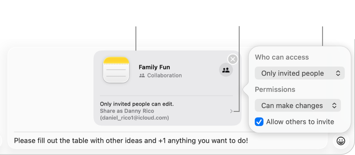 Mesajlar yazışmasının en altındaki metin alanının yakın çekim görüntüsü. Bir not üzerinde ortak çalışma daveti var. Ortak çalışma izinlerini ayarlamak için davetin sağ tarafını tıklayabilirsiniz.