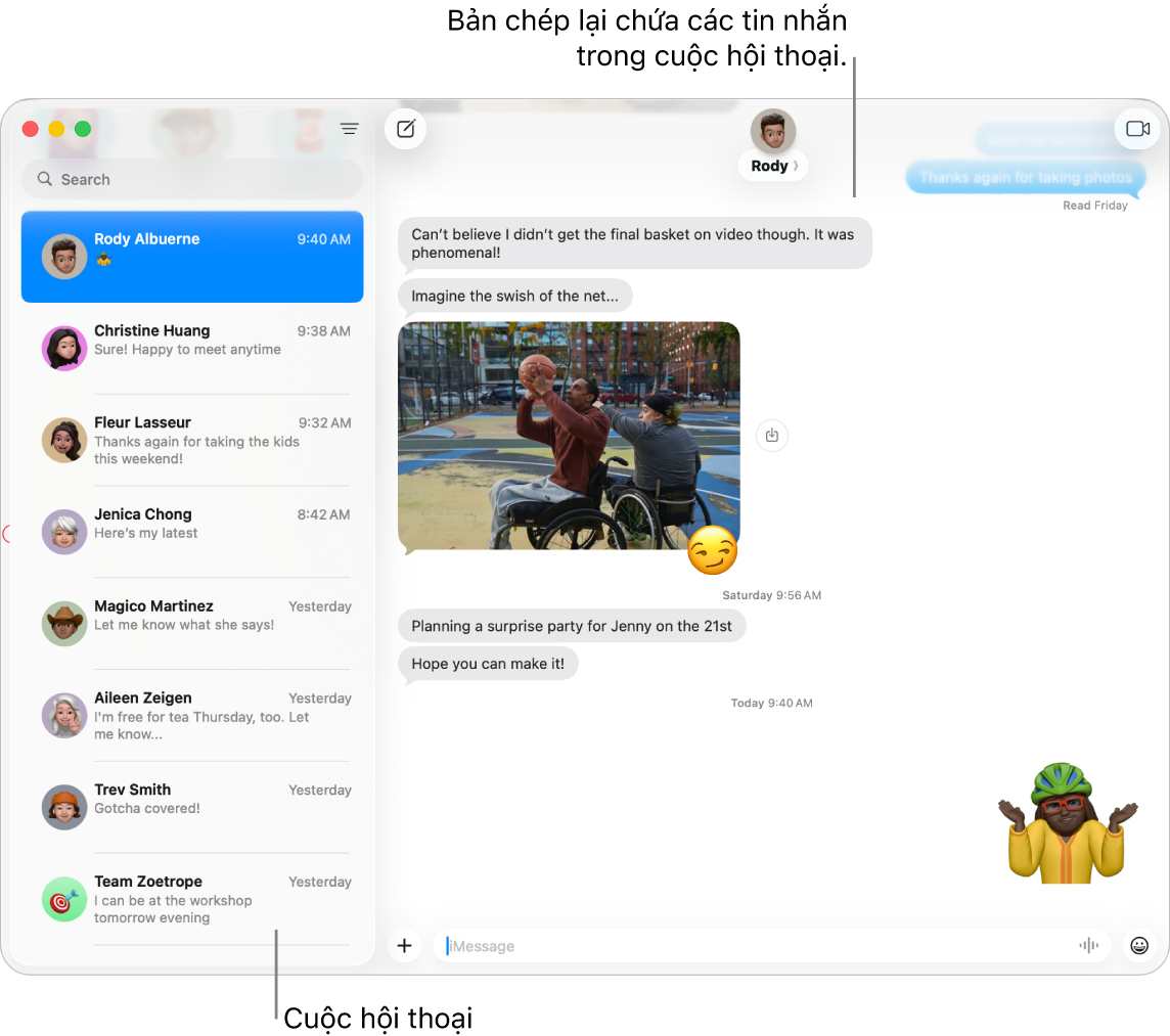Cửa sổ Tin nhắn với các cuộc hội thoại trên thanh bên và bản chép lại chứa tin nhắn trong cuộc hội thoại.