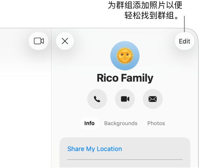 群聊对话的“资料”视图，在你点按对话顶部的联系人或群组图标后出现，显示群组成员的图标和群组名称。群组名称下方是用于拨打音频或 FaceTime 视频通话或者给群组发送电子邮件的按钮。其下方是用于更改群组名称和照片的按钮。