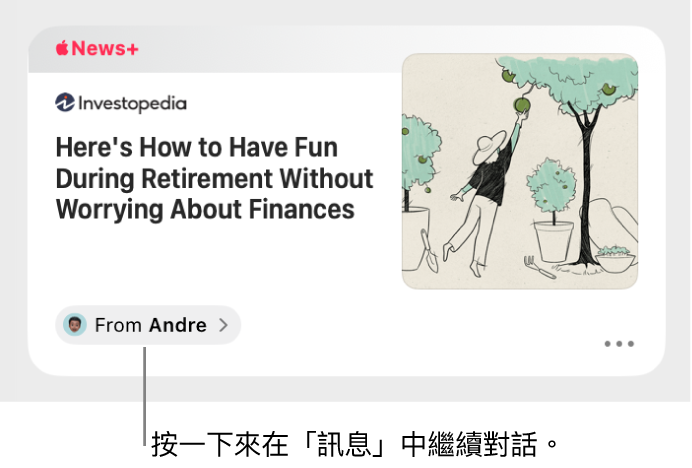 在 News 中共享的新聞文章。 按一下「寄件人」標籤來在「訊息」中傳送回覆。