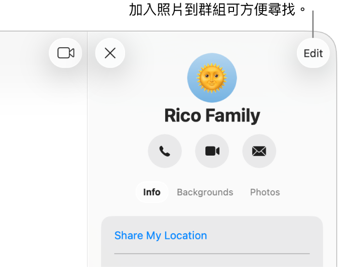 在你按一下對話最上方的聯絡人或群組圖像後便會出現群組對話的「資訊」顯示方式,顯示群組成員的圖像和群組名稱。群組名稱下方為撥打語音或 FaceTime 視訊通話,或傳送電子郵件給群組的按鈕。這些按鈕下方為更改群組名稱和照片的按鈕。