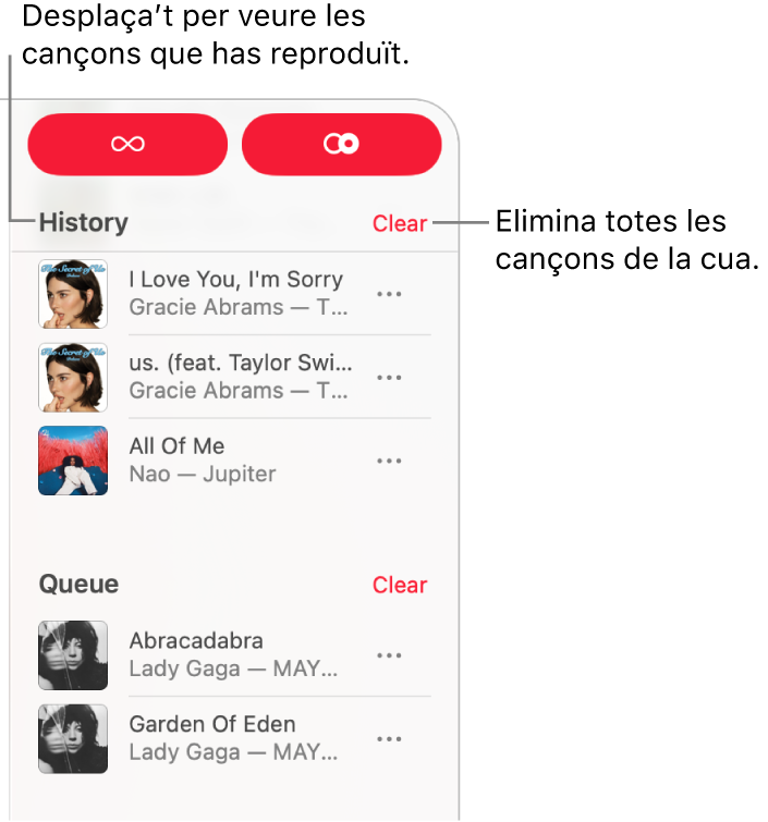 La cua es pot veure a l’angle superior dret de l’Apple Music. Apareixen les seccions “Historial” i “Cua”.