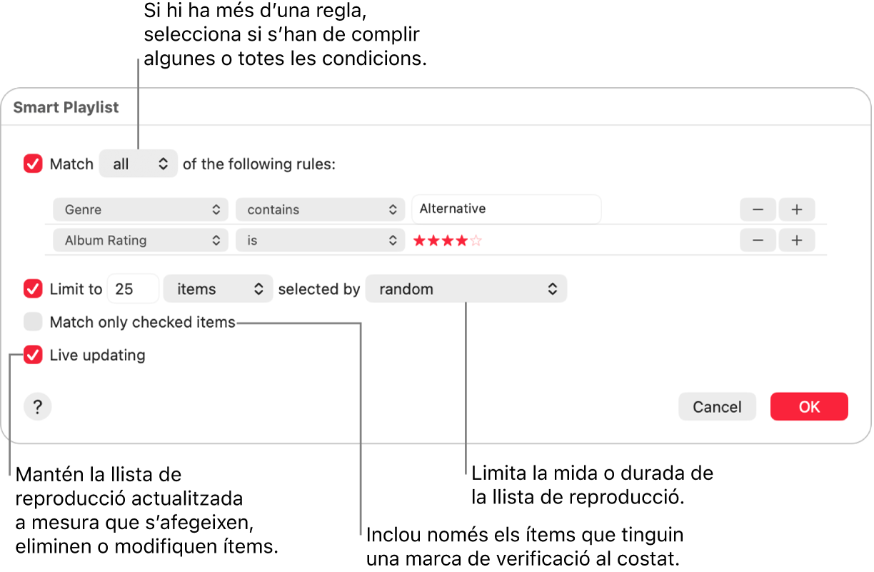 El quadre de diàleg “Llista de reproducció intel·ligent”: A la cantonada superior esquerra, selecciona “Fes coincidir” i indica els criteris de la llista de reproducció (com ara el gènere i la puntuació). Continua afegint o eliminant regles fent clic als botons “Afegeix” o “Elimina” de la cantonada superior dreta. Pots seleccionar diverses opcions a la part inferior del quadre de diàleg, com ara limitar la mida o la durada de la llista de reproducció, incloure només les cançons que estan marcades o fer que l’app Música actualitzi la llista de reproducció a mesura que canviïn els ítems de la biblioteca.