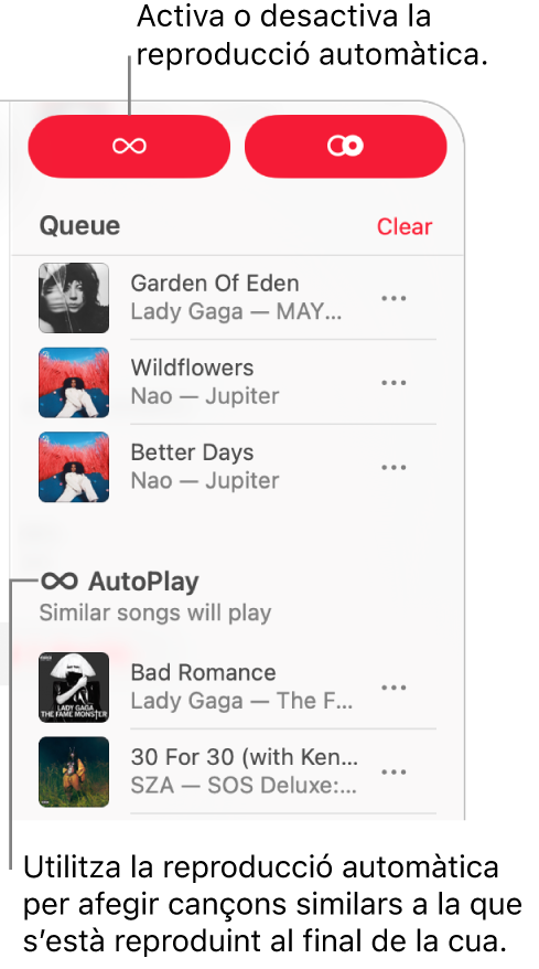 La cua es pot veure a l’angle superior dret de l’Apple Music. També es mostra la secció de reproducció automàtica.