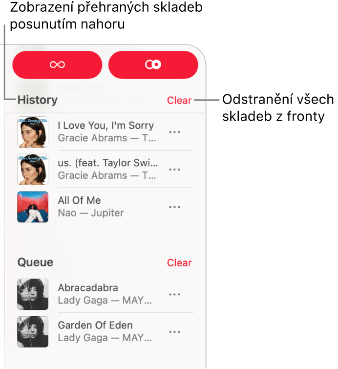 Fronta se zobrazuje v pravém horním rohu okna Apple Music. Zobrazí se sekce Historie a Fronta