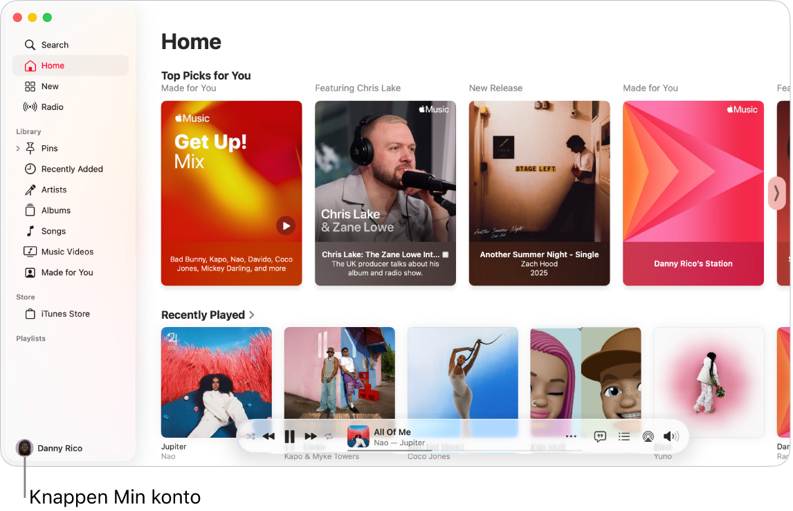 Apple Music-vinduet med skærmen Hjem. Knappen Min konto (som ligner et foto eller et monogram) er placeret i nederste venstre hjørne af vinduet.