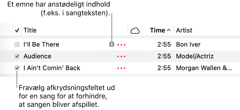 Detaljerede oplysninger om listen med sange i Musik, der viser afkrydsningsfelterne og symbolet for anstødeligt indhold for den første sang (hvilket indikerer, at sangen har anstødeligt indhold, f.eks. sangtekst). Fravælg afkrydsningsfeltet ud for en sang for at undgå, at sangen bliver afspillet.