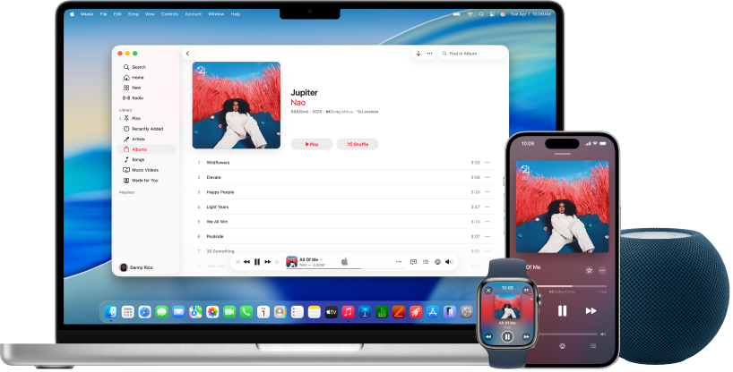 Ein Musiktitel, der auf einem Mac, einem iPhone, einer Apple&nbsp;Watch und einem HomePod abgespielt wird.