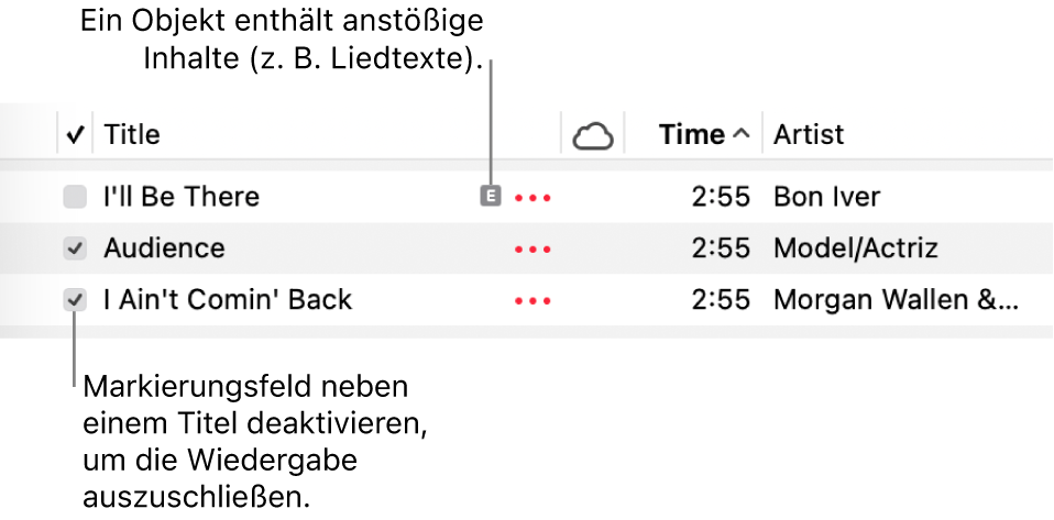 Details der Ansicht „Titel“ in der App „Musik“ mit Markierungsfeldern und einem Symbol für anstößige Inhalte beim ersten Titel (das anzeigt, dass der Titel anstößige Inhalte enthält, zum Beispiel in den Liedtexten). Durch Deaktivieren des Markierungsfelds neben einem Titel wird das Abspielen des Titels verhindert.