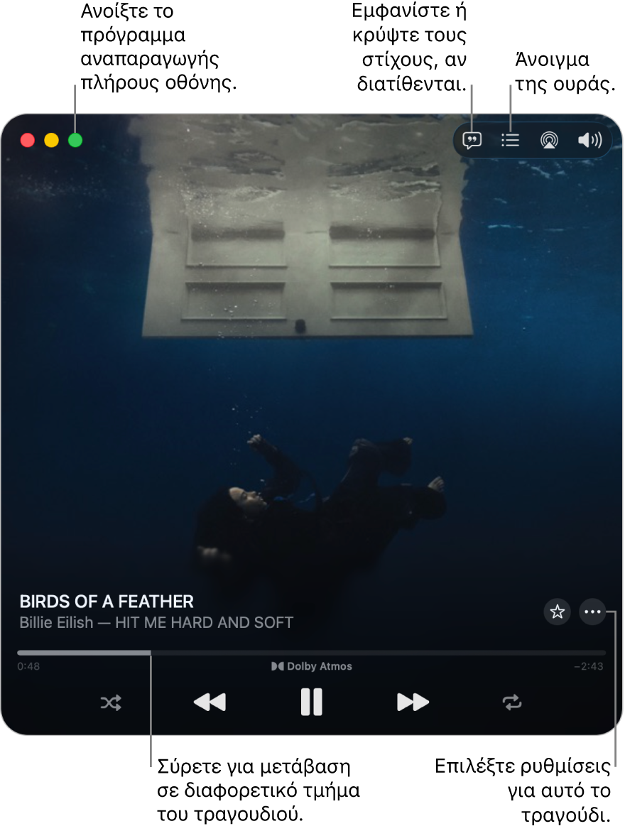 Το επεκτεταμένο MiniPlayer, που περιλαμβάνει στοιχεία ελέγχου για το τραγούδι το οποίο αναπαράγεται. Στην πάνω αριστερή γωνία βρίσκονται τα στοιχεία ελέγχου παραθύρου που χρησιμοποιούνται για άνοιγμα και κλείσιμο του προγράμματος αναπαραγωγής πλήρους οθόνης. Το βασικό τμήμα του παραθύρου εμφανίζει το εξώφυλλο του άλμπουμ για το τραγούδι που αναπαράγεται. Κάτω από το εξώφυλλο βρίσκεται ένα ρυθμιστικό για μετακίνηση σε ένα διαφορετικό τμήμα του τραγουδιού, και κουμπιά για προσαρμογή της έντασης ήχου, εμφάνιση στίχων και άνοιγμα της ουράς.