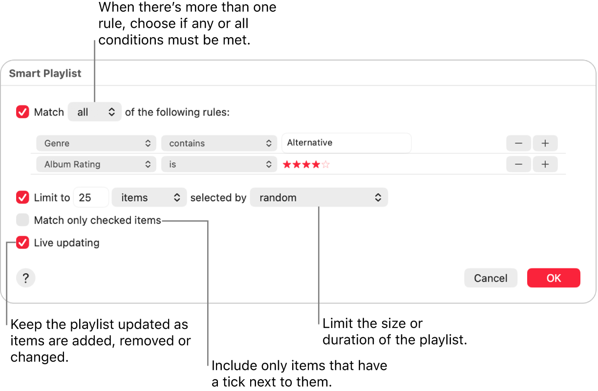 The Smart Playlist dialogue: In the top-left corner, select Match, then specify the playlist criteria (such as genre or rating). Continue to add or remove rules by clicking the Add or Remove button in the top-right corner. Select various options in the lower portion of the dialogue such as limiting the size or duration of the playlist, including only songs that are checked or having Music update the playlist as items in your library change.