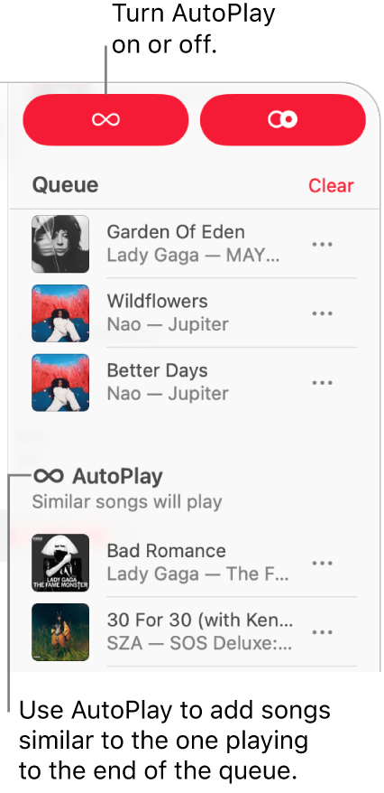 The queue is visible at the top-right corner of Apple Music. The AutoPlay section is also shown.