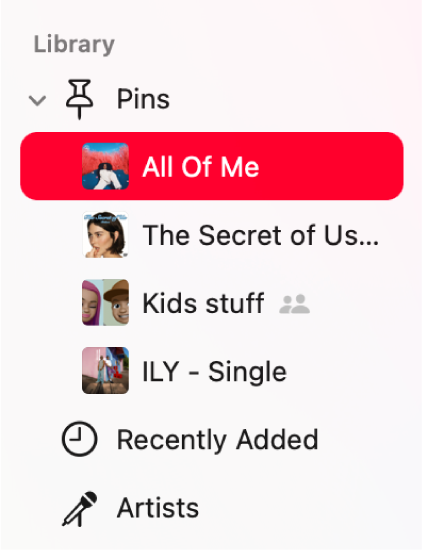 The Music sidebar showing pins (such as a song, an album, and a playlist) below Library.