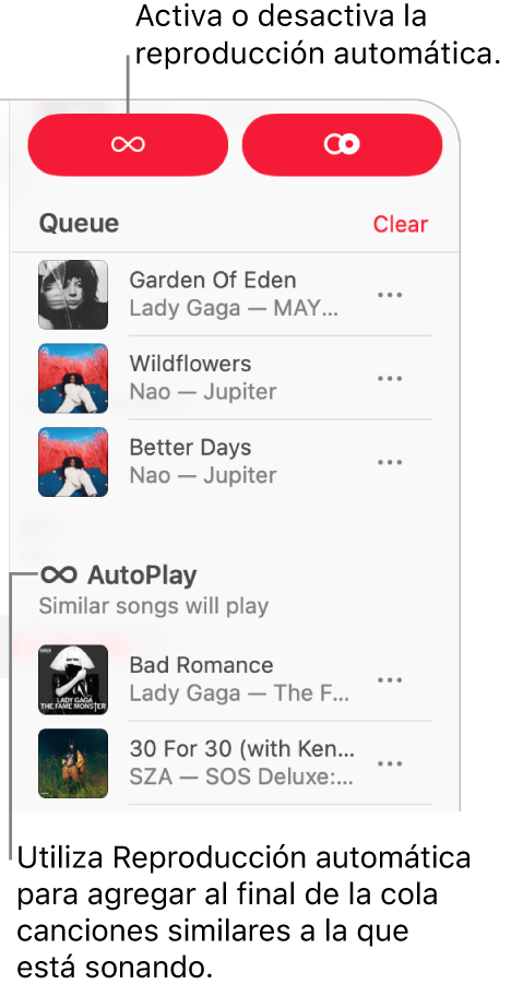 La fila es visible en la esquina superior derecha de Apple Music. También se muestra la sección Reproducción automática.