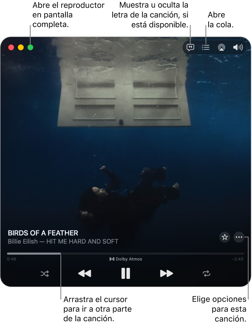 Minirreproductor expandido con los controles de la canción que se está reproduciendo. En la esquina superior izquierda se encuentran los controles de la ventana que sirven para abrir o cerrar el reproductor en pantalla completa. La parte principal de la ventana muestra la ilustración del álbum correspondiente a la canción que se está reproduciendo. Debajo de la ilustración hay un regulador que te permite moverte a otro momento de la canción, y botones para ajustar el volumen, mostrar la letra y abrir la cola.