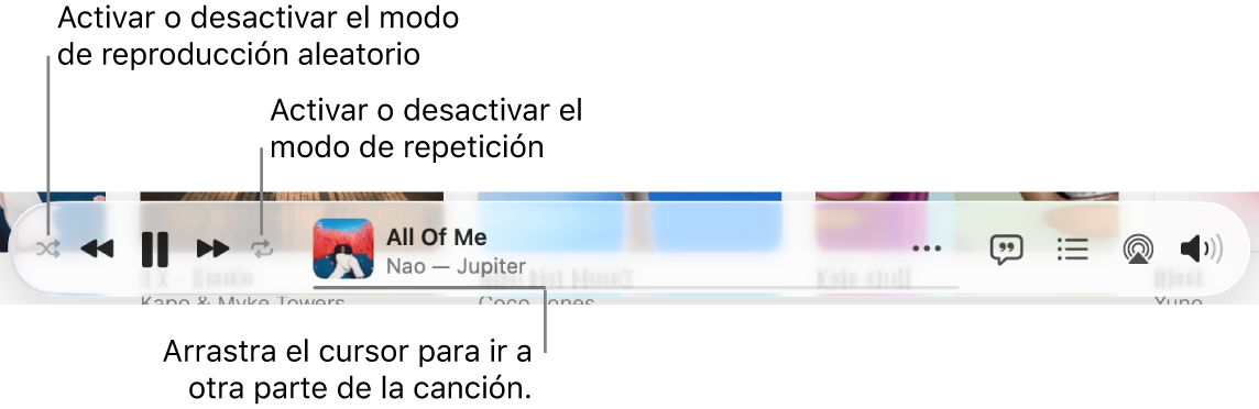 La parte inferior de Apple Music con una canción en reproducción. Los controles de reproducción están en el extremo izquierdo. El botón Aleatorio está a la izquierda de los controles de reproducción y el botón Repetir está a la derecha de los controles. Arrastra el cursor de reproducción para ir a una parte diferente de la canción.