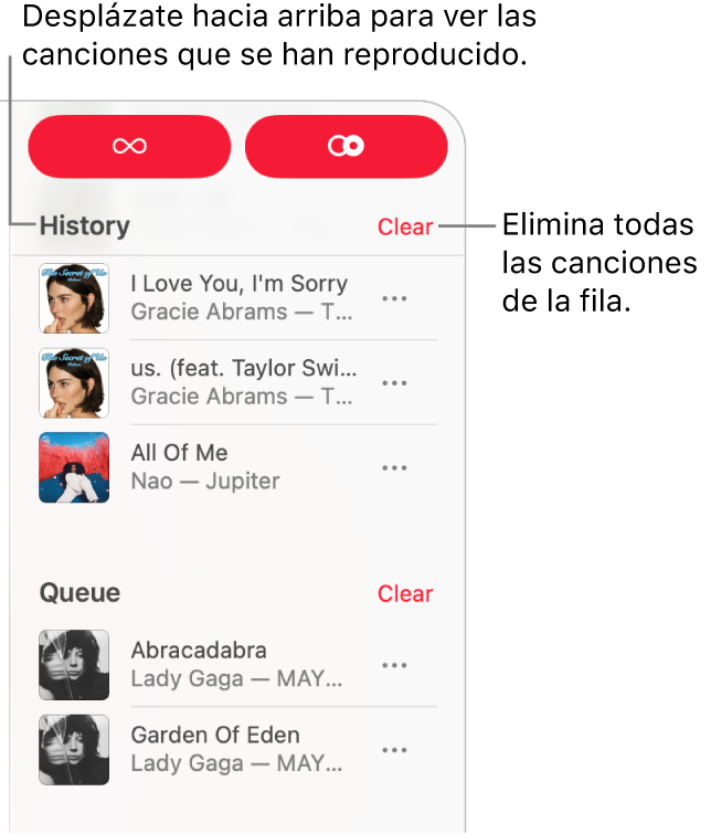 La cola está visible en la esquina superior derecha de Apple Music. Aparecen las secciones Historial y Cola.