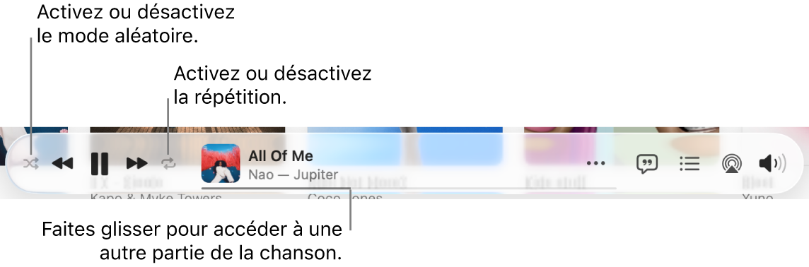 Le bas de la fenêtre d’Apple Music avec une chanson en cours de lecture. Les commandes de lecture sont à l’extrême gauche. Le bouton Ordre aléatoire se trouve à gauche des commandes de lecture, et le bouton Répéter, à droite des commandes. Faites glisser la tête de lecture dans la barre de progression pour accéder à une autre partie de la chanson.
