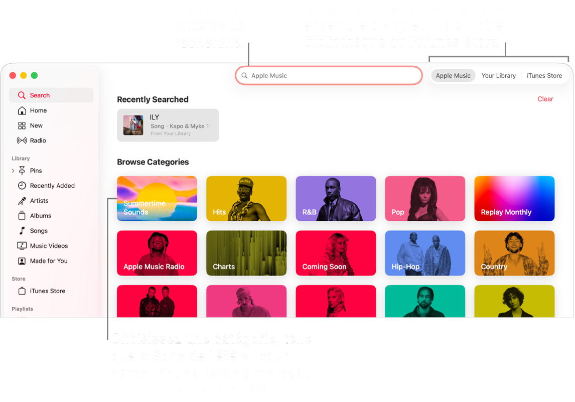 La fenêtre Apple Music, avec les champs de recherche, la liste de catégories au centre de la fenêtre et « Apple Music », « Votre bibliothèque » et l’iTunes Store disponibles dans le coin supérieur droit. Saisissez des critères de recherche dans le champ de recherche, puis choisissez d’effectuer la recherche dans tout Apple Music, seulement dans votre bibliothèque ou sur l’iTunes Store.