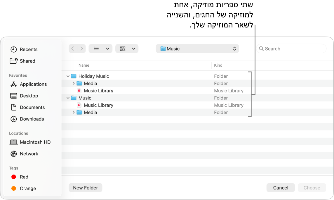 חלון Finder המציג מספר ספריות; אחת עבור מוזיקה לחגים והשנה עבור שאר המוזיקה שלך.