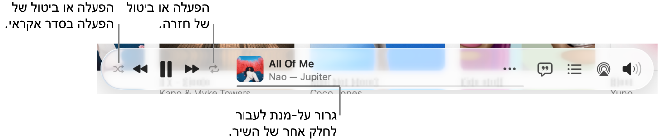 החלק התחתון של Apple Music עם שיר שמתנגן. פקדי ההפעלה נמצאים בקצה הימני. הכפתור ״סדר אקראי״ נמצא מימין לפקדי ההפעלה והכפתור ״חזרה״ נמצא משמאל לפקדי ההפעלה. גרור/י את סמן המיקום כדי לעבור לחלק אחר של השיר.