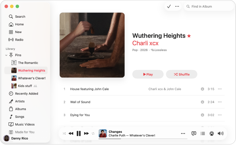 חלון Apple Music מציג אלבומים שמוצמדים בסרגל הצד.