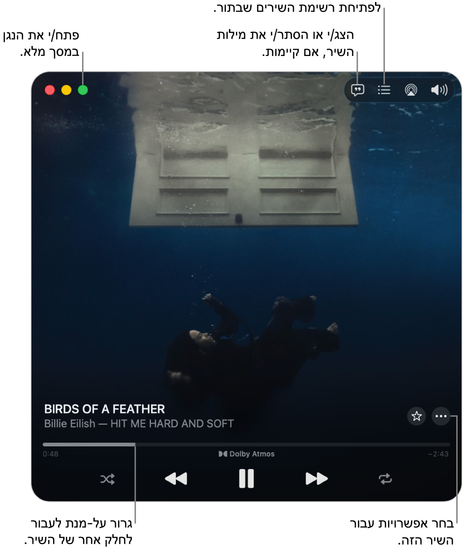הנגן המוקטן במצבו המורחב, מציג את כלי הבקרה עבור השיר שמתנגן. בפינה העליונה מופיעים פקדי החלון, המשמשים לפתיחה ולסגירה של ״נגן במסך מלא״. החלק הראשי של החלון מציג את עטיפת האלבום של השיר המושמע. מתחת לעטיפת האלבום מופיעים מחוון למעבר לחלק אחר של השיר וכפתורים לכוונון עוצמת הקול, להצגת המילים ולפתיחת התור.