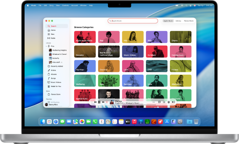 Apple Music विंडो जो खोज फ़ील्ड और श्रेणी टाइल दिखा रही है।