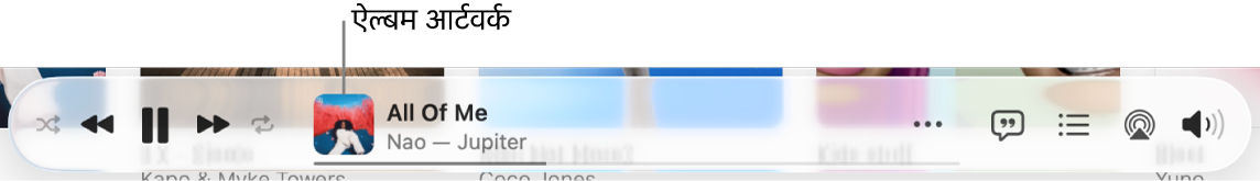 बैनर के बाईं ओर चलते हुए गीत के साथ ऐल्बम आर्ट।