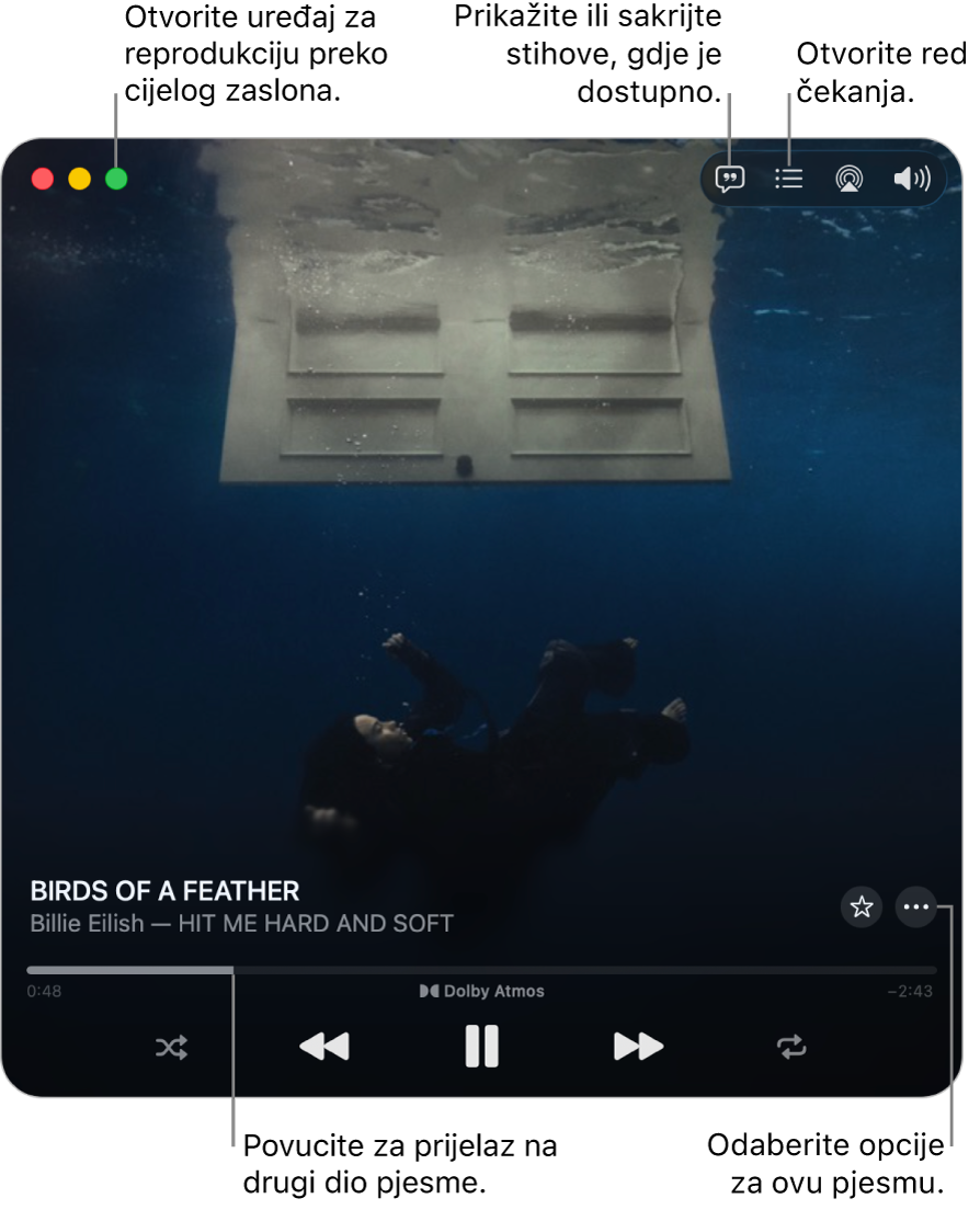 Prošireni MiniPlayer prikazuje kontrole za pjesmu koja se reproducira. U gornjem lijevom kutu nalaze se kontrole prozora koje se koriste za otvaranje i zatvaranje Uređaja za reprodukciju preko cijelog zaslona. Glavni dio prozora omot albuma za pjesmu koja se reproducira. Ispod omota nalazi se kliznik za prebacivanje na različiti dio pjesme i tipke za prilagodbu glasnoće, prikaz riječi te otvaranje reda čekanja.