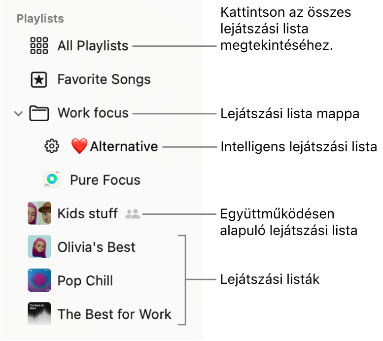 A Zene oldalsávja, amely egy lejátszási listákat tartalmazó mappát és a lejátszási listák különböző típusait mutatja: Kedvenc dalok, Intelligens, Együttműködésen alapuló és lejátszási listák. Az összes lejátszási lista megtekintéséhez kattintson az Összes lejátszási lista elemre.