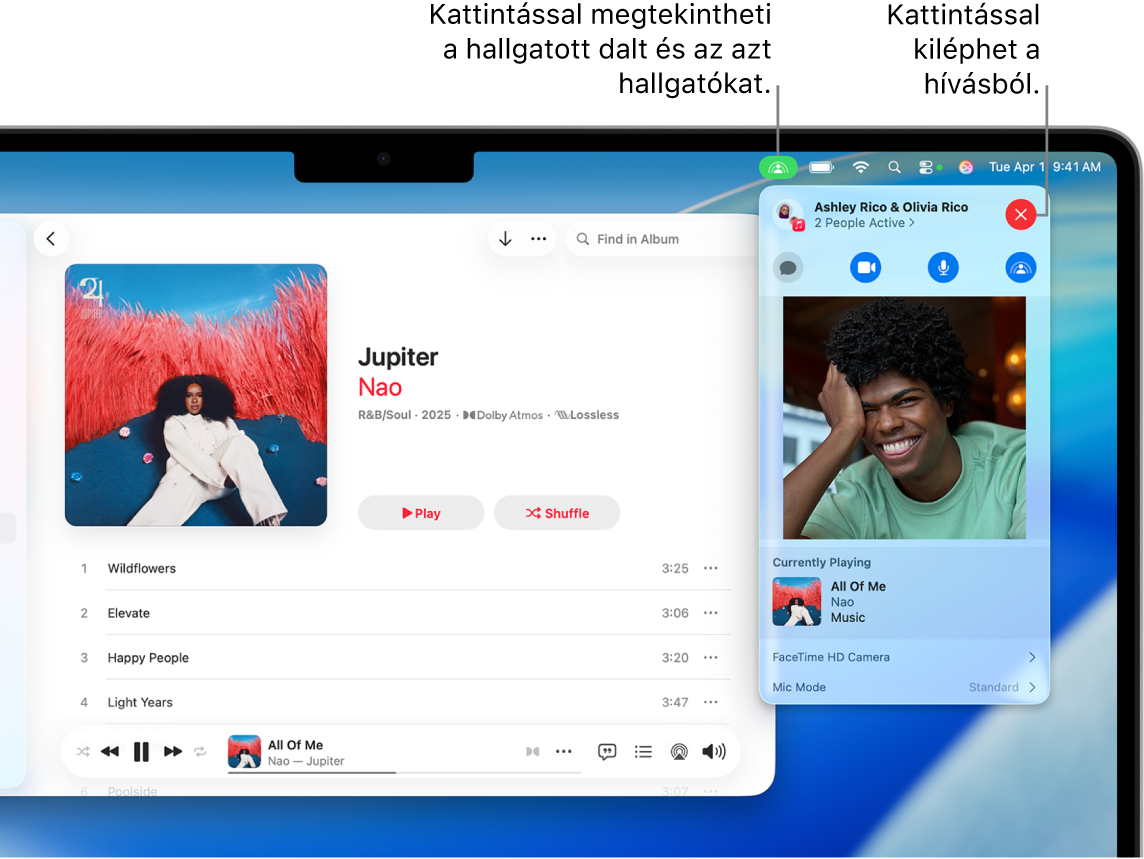 Az Apple Music ablakában egy dal van lejátszva a SharePlay használata során. A lejátszási ablak megmutatja, hogy hány ember hallgatja együtt a zenét. A jobb oldalon a felhasználó rákattint a SharePlay ikonra, amelyet követően megtekintheti, ki hallgatja, és milyen dal áll éppen lejátszás alatt. A jobb oldalon rákattinthat a Bezárás gombra.