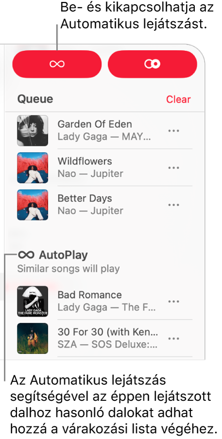 A lejátszási sor a jobb felső sarokban látható az Apple Musicban. Az AutoPlay szakasz is láthatóvá válik.
