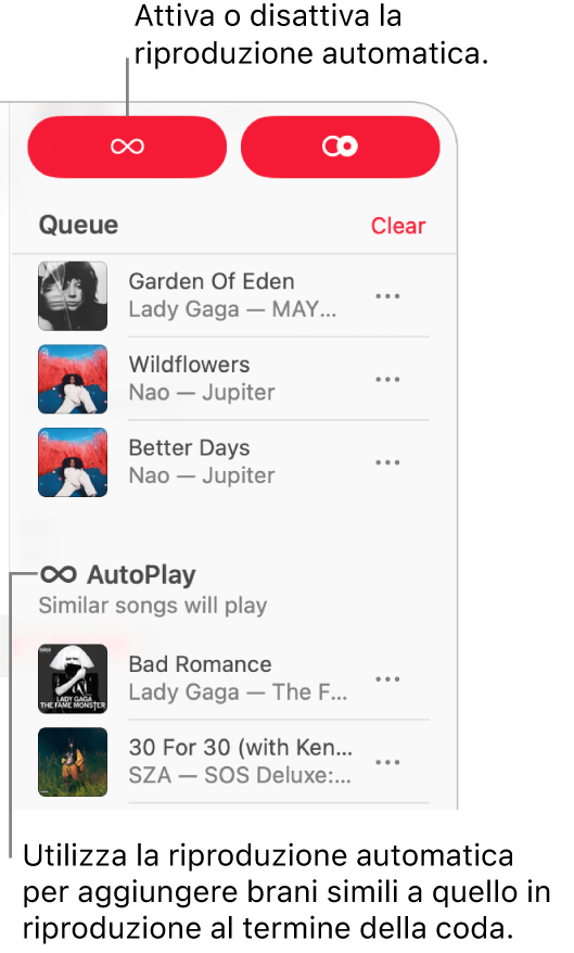 La coda è visibile nell’angolo in alto a destra di Apple Music. Viene visualizzata anche la sezione AutoPlay.
