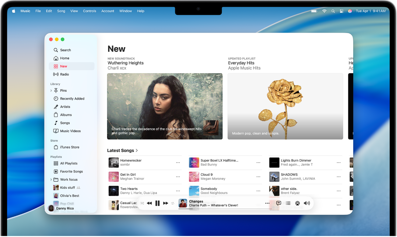 La finestra di Apple Music con i brani e le colonne sonore più recenti.