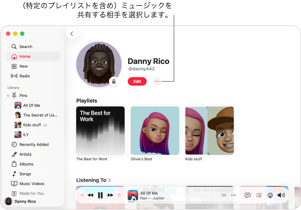 Apple Musicのプロフィールページ: ウインドウの上部にある「さらに表示」ボタン（「編集」ボタンの右側）をクリックして、ミュージックを共有します。